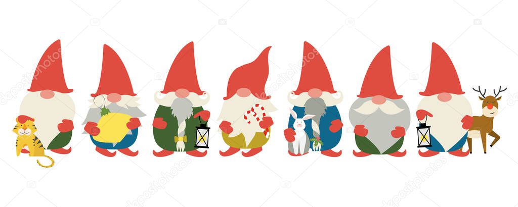 Small cute gnomes vector flat illustration. 