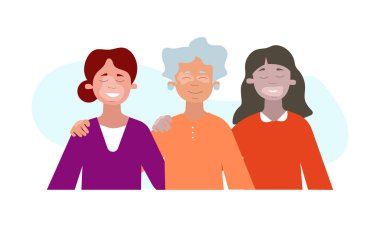 Vitiligo 'lu üç kadın gülümsüyor ve birbirlerine sarılıyorlar. Kafkas, Asyalı ve Vitiligo kökenli Afrikalı bir kadın. Vektör düz çizgi film illüstrasyonu. 