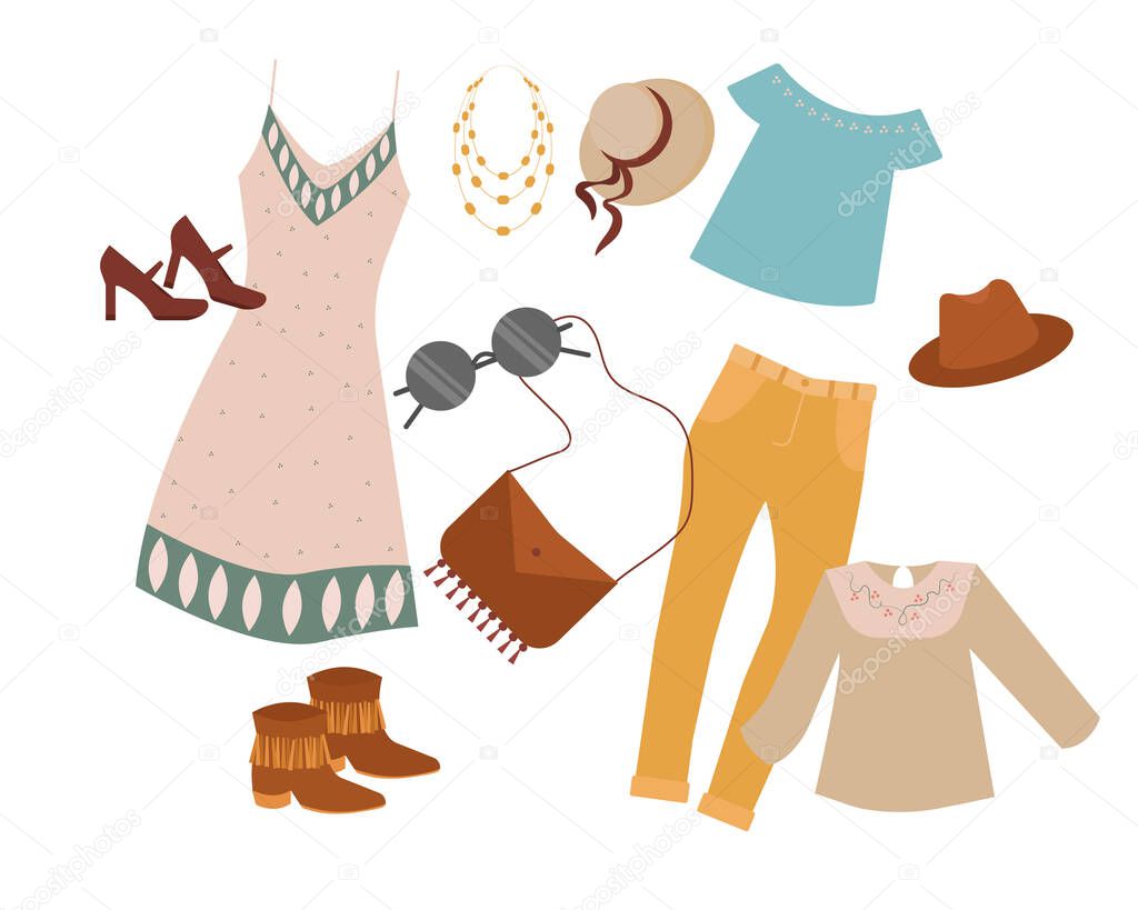 Set of boho clothes. Vector illustration in flat cartoon style. Boho outfits vector concept.