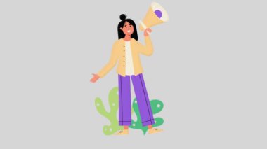 Kadın megafonla konuşuyor. 2 boyutlu düz animasyon. Konuşma, konuşma ve duyuru için animasyon konseptini döndür. Alfa kanalı ile canlandırma.