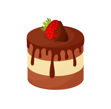Tatlı çikolatalı pasta vektör çizimi düz stil. Beyaz arkaplanda çikolatalı pasta izole edilmiş vektör.