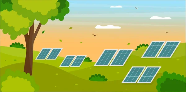Schöne Landschaft Mit Solarzellen Illustration Zum Konzept Des Solarenergie Vektors — Stockvektor
