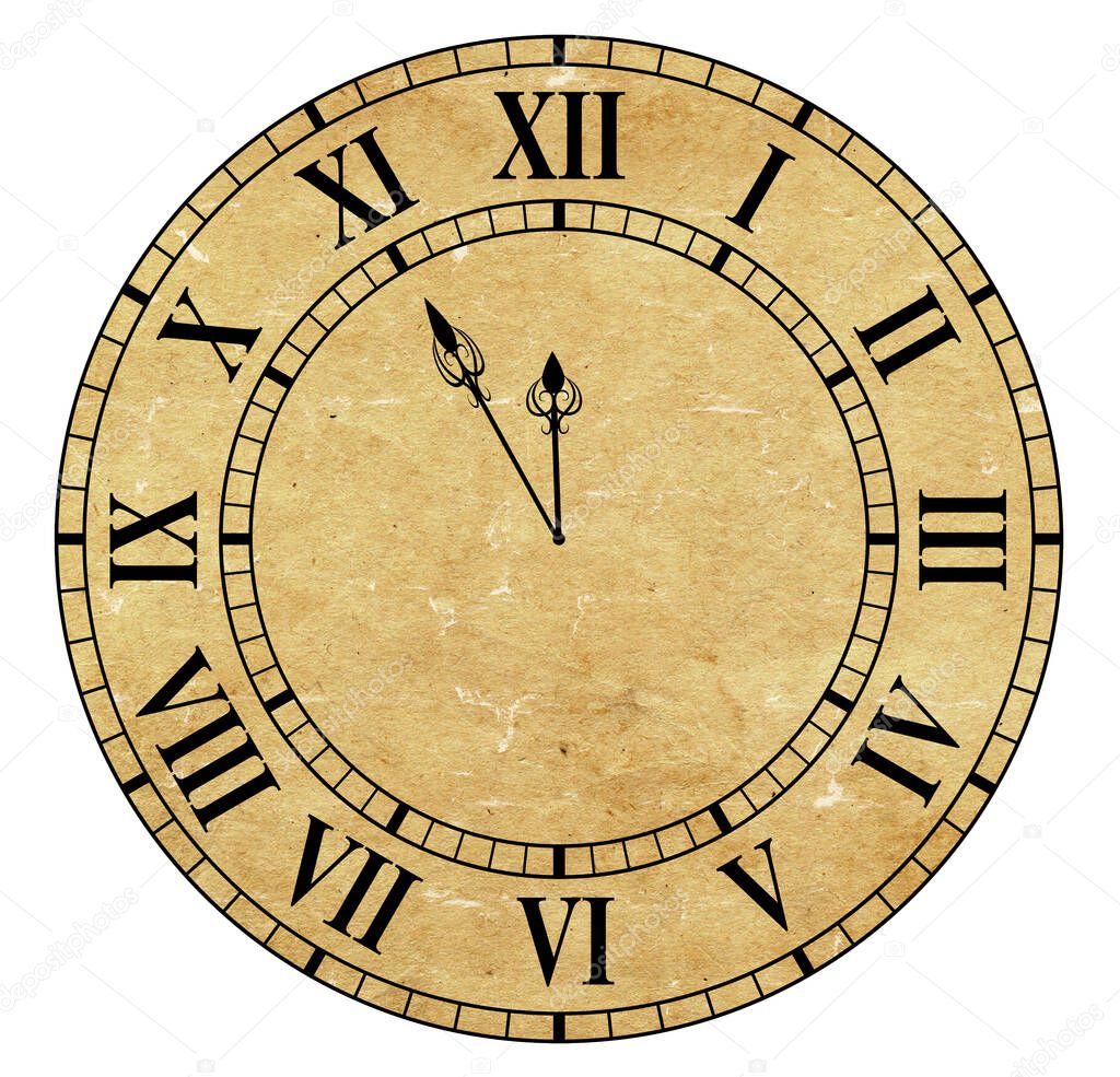 The dial of the clock with antique paper , the time is five minutes to twelve