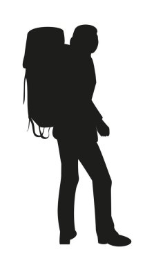 Büyük bir sırt çantası olan bir kadın gezginin silüeti. Seyahat ve spor. Yürüyüş sembolleri