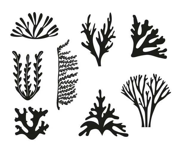 孤立的黑色图标设置了海藻和珊瑚的轮廓 — 图库矢量图片
