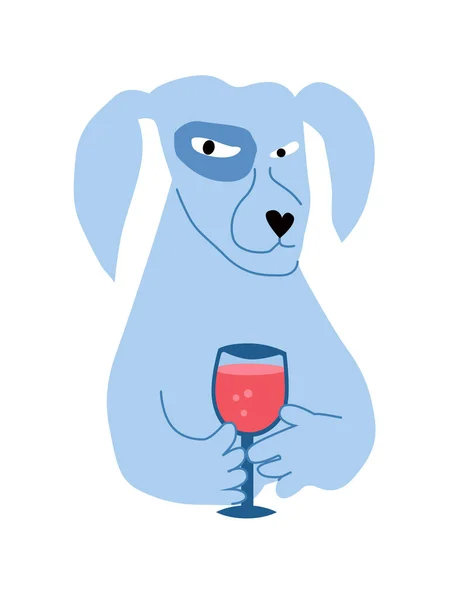 Cane Blu Con Bicchiere Vino Carattere Caratteristico — Vettoriale Stock