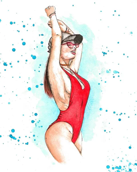 Hand Drawn Watercolor Illustration Girl Red Swimsuit Blue Background Splashes — Zdjęcie stockowe