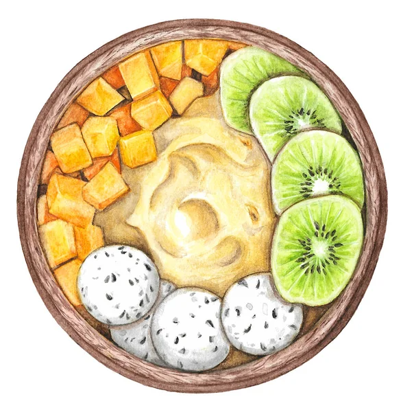 Hand Drawn Watercolor Illustration Smoothie Bowl Kiwi Mango Dragon Fruit — kuvapankkivalokuva