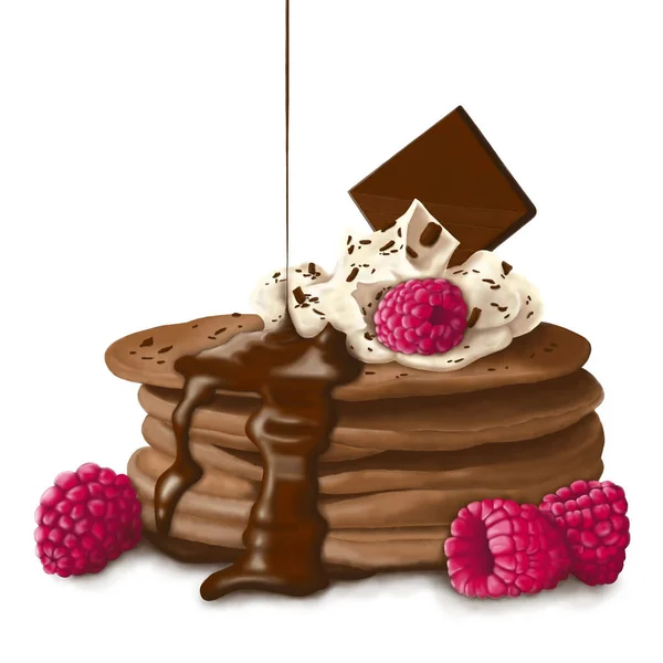 Digital Illustration Chocolate Pancakes Poured Chocolate Raspberries Food Theme Idea — Foto de Stock