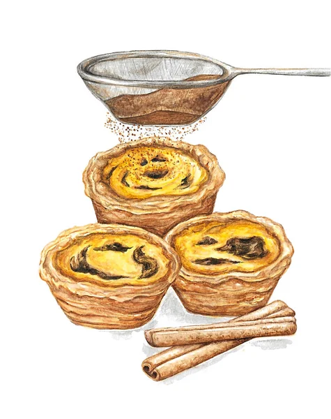 Мальовані Вручну Акварельні Ілюстрації Традиційних Португальських Пирогів Заварного Крему Пастіс — стокове фото