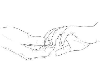 Digital illustration of two touching hands. Black and white. Line art. Idea for coloring books, posters, postcards, print, etc.