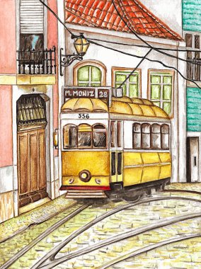 Hand-drawn watercolor illustration of Lisbon's tram (M.Moniz). Urban landscape. Idea for posters, poscards, brochures, print, books, etc.