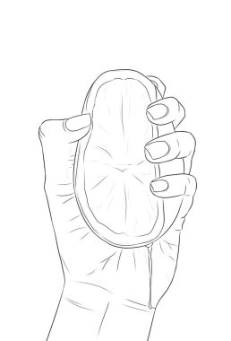 Digital illustration of a woman's hand squeezing an orange. Parts of the body. Idea for coloring books, posters, print, postcards, etc
