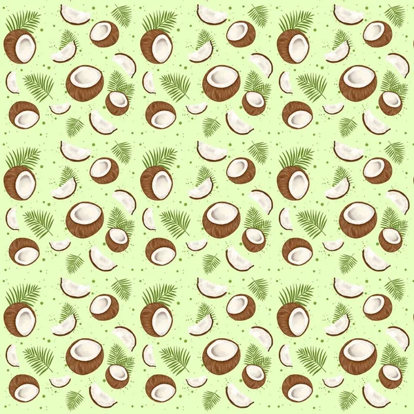 Digital pattern with coconuts and tropical leaves on green background. Idea for posters, postcards, book cover, wallpaper, print, etc.