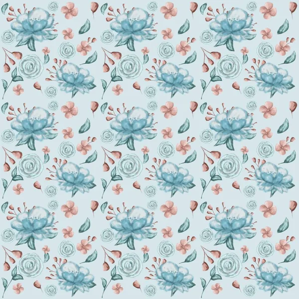 Digital Pattern Blue Pink Flowers Leaves Blue Background Botanical Elements — ストック写真