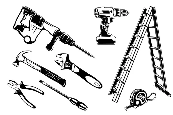 Инструменты Ремонта Строительных Инструментов Строительные Здания Сверло Молоток Отвертка Пила — стоковый вектор