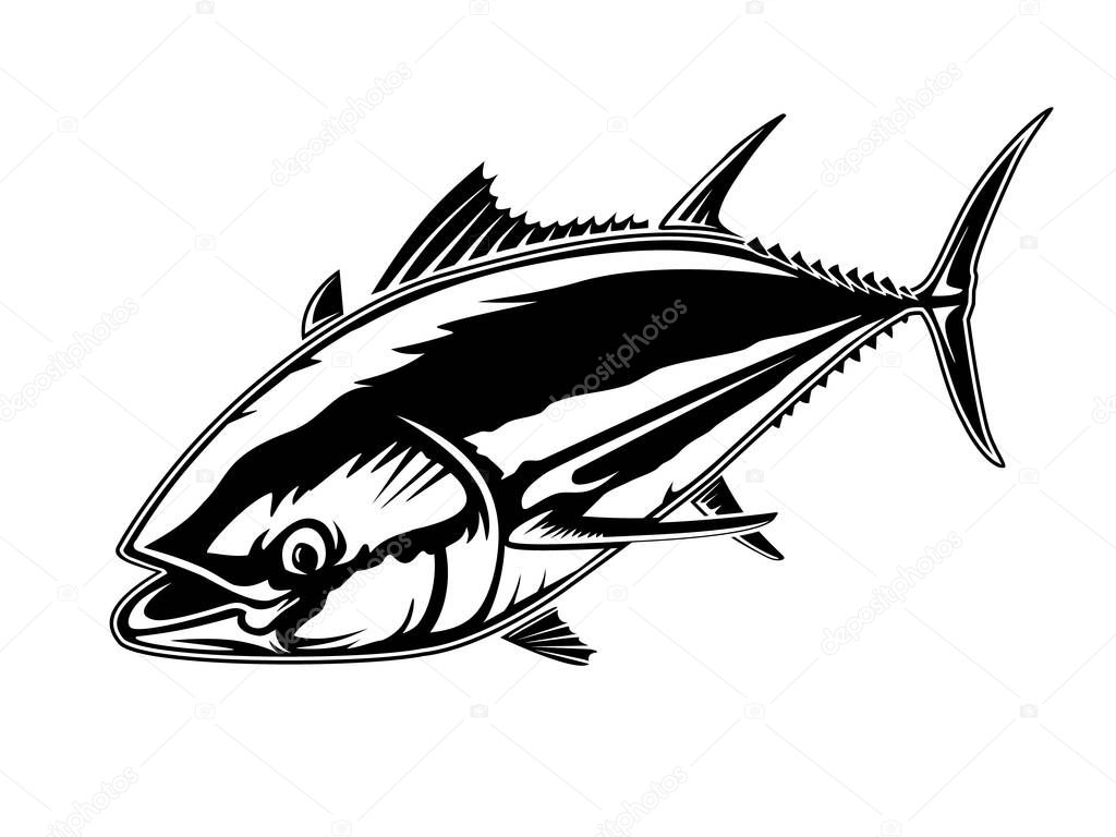Angry tuna fish logo. Tuna fishing emblem. Big eye tuna. Angry fishing club logotype.