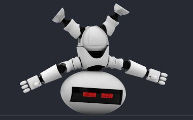 Robot 3D, beyaz arkaplanda çizim yapıyor. Droid 3D görüntüleme. Teknoloji bilimi ve fütüristik geçmiş.