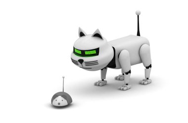 Robot kedi. 3D tasvir. Beyazda izole edilmiş. Kedi yavrusu 3D. Droid. 3 boyutlu görüntüleme. Beyaz kedi. Robot evcil hayvan. İnsansı. Sayborg. Evcil hayvan dükkanı. Modern teknoloji. Geleceğe. Hayvan herif. Mekanik. Geleceğe yönelik.
