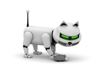 Robot kedi. 3D tasvir. Beyazda izole edilmiş. Kedi yavrusu 3D. Droid. 3 boyutlu görüntüleme. Beyaz kedi. Robot evcil hayvan. İnsansı. Sayborg. Evcil hayvan dükkanı. Modern teknoloji. Geleceğe. Hayvan herif. Mekanik. Geleceğe yönelik.