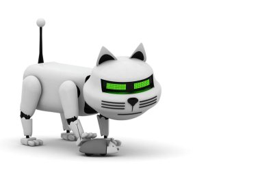 Robot kedi. 3D tasvir. Beyazda izole edilmiş. Kedi yavrusu 3D. Droid. 3 boyutlu görüntüleme. Beyaz kedi. Robot evcil hayvan. İnsansı. Sayborg. Evcil hayvan dükkanı. Modern teknoloji. Geleceğe. Hayvan herif. Mekanik. Geleceğe yönelik.