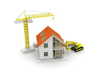 çerçeve ev inşaat vinç ve zincir ile beyaz arka plan üzerinde 3D Illustration. Yapı tema arka plan.