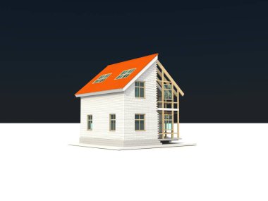 çerçeve ev inşaat vinç ve zincir ile beyaz arka plan üzerinde 3D Illustration. Yapı tema arka plan.