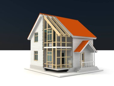 çerçeve ev inşaat vinç ve zincir ile beyaz arka plan üzerinde 3D Illustration. Yapı tema arka plan.