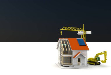 çerçeve ev inşaat vinç ve zincir ile beyaz arka plan üzerinde 3D Illustration. Yapı tema arka plan.