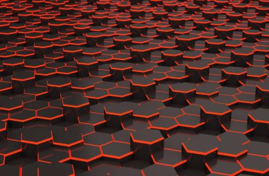 Kırmızı çizgili soyut siyah altıgen arkaplan. Renkli yüksek teknolojili geleceksel geometrik desen