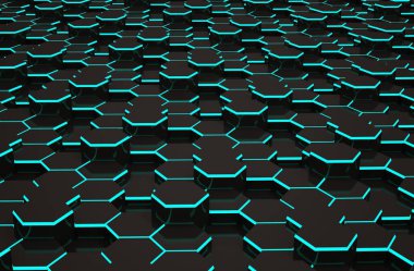 Mavi çizgili soyut siyah altıgen arkaplan. Renkli yüksek teknolojili geleceksel geometrik desen