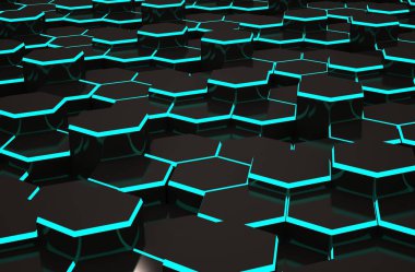 Mavi çizgili soyut siyah altıgen arkaplan. Renkli yüksek teknolojili geleceksel geometrik desen