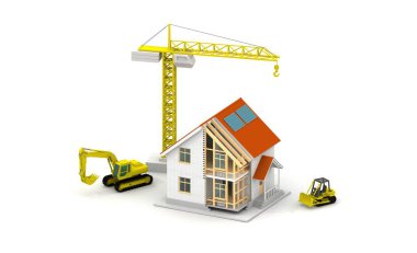 Beyaz arka planda ev inşaatının üç boyutlu çizimi. Ev inşa teması.