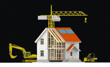 Beyaz arka planda ev inşaatının üç boyutlu çizimi. Ev inşa teması.