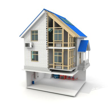 Beyaz arka planda ev inşaatının üç boyutlu çizimi. Ev inşa teması.