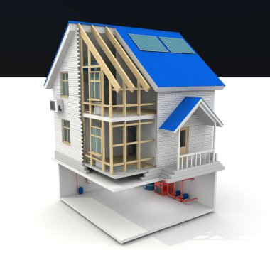 Beyaz arka planda ev inşaatının üç boyutlu çizimi. Ev inşa teması.