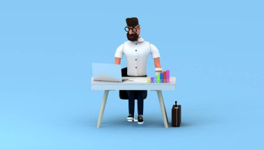 Gözlüklü gülümseyen iş adamı. Borsa simsarının reklam posteri. Başarılı bir adam. Ofiste çalışan sakallı adam..