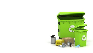 Geri dönüşüm konsepti. 3 boyutlu görüntüleme. Çöp konteynırı. Çevre devrimi. Çöp. Dünya koruması. Çöp konteynırını geri dönüştür. Atık yönetimi konsepti. Farklı çöp türleri.