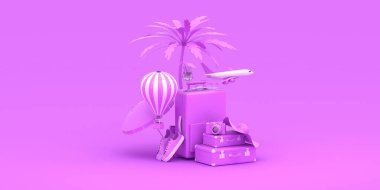 Seyahat eden 3D görüntüleme arkaplanı. Trip konsepti. Turist bagajı. Seyahat çantası. Modern pastel renk. Sade sinek. Meslek. Yaz tatili. Yolculuk. Macera.
