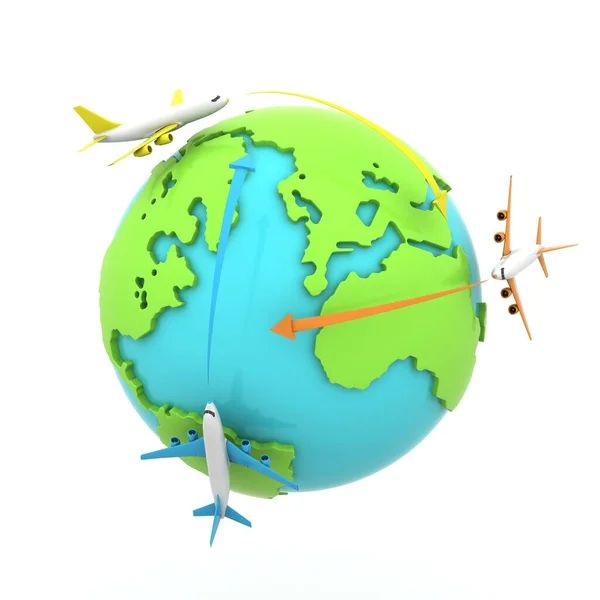 现代3D世界地图概念与白色背景隔离 世界行星 矢量地球球体图解 飞机旅游主题 注明地点的背景 — 图库照片