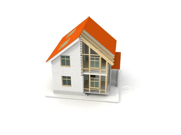 框架房子建筑的例证在白色背景与起重机和履带 构建主题背景 — 图库照片
