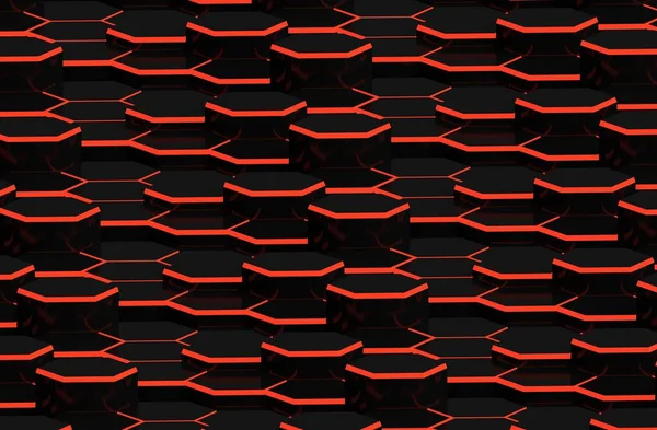 Abstrakter Schwarzer Sechseck Hintergrund Mit Roter Linie Farbiges Geometrisches Tech — Stockfoto