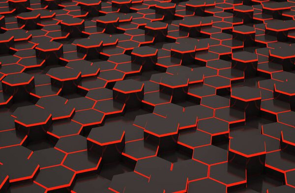 Abstract black hexagon background with red line. Colored hi-tech futuristic geometric pattern