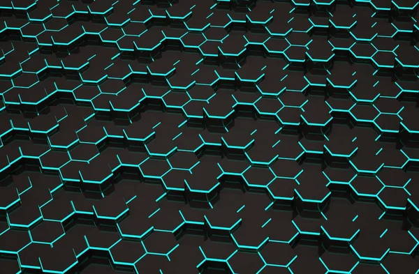 摘要带蓝色线的黑色六边形背景 彩色高科技未来主义几何图案 — 图库照片