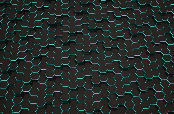 概要青い線の黒い六角形の背景 カラーハイテク未来幾何学模様 — ストック写真