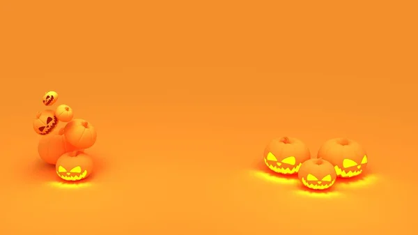南瓜之间可怕的光晕 里面点着蜡烛 在紫色 橙色和灰色背景的南瓜之间飞行的橙色光环 节日装饰 3D渲染 — 图库照片