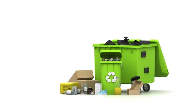 回收的概念 3D渲染 垃圾箱 环境润肤剂 地球保护 循环垃圾箱 废物管理概念 不同类型的垃圾 — 图库照片