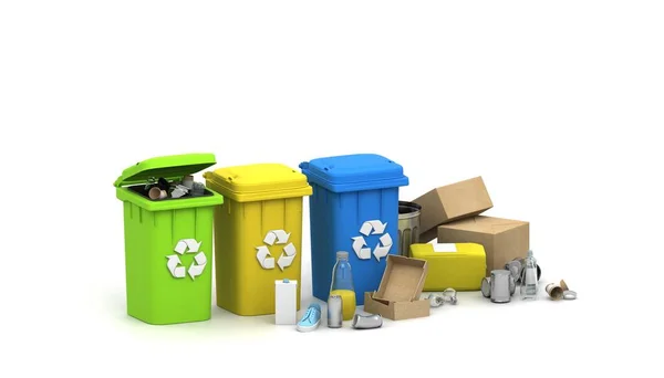 リサイクルの概念 3Dレンダリング ゴミコンテナ 環境汚染です ゴミだ 地球保護 ゴミ捨て場だ 廃棄物管理の概念 異なる種類のゴミ — ストック写真