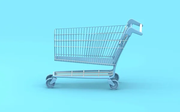 Shoping Cart Render Sfondo Blu Negozio Moderno Carretto Blu Negozi — Foto Stock