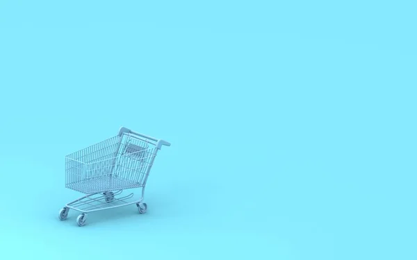 购物车3D渲染 蓝色背景 现代商店 蓝色购物车 网上购物 大减价买卖概念 — 图库照片